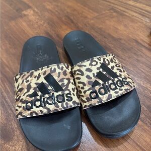 Adidas Black and Brown Animal Print Slides